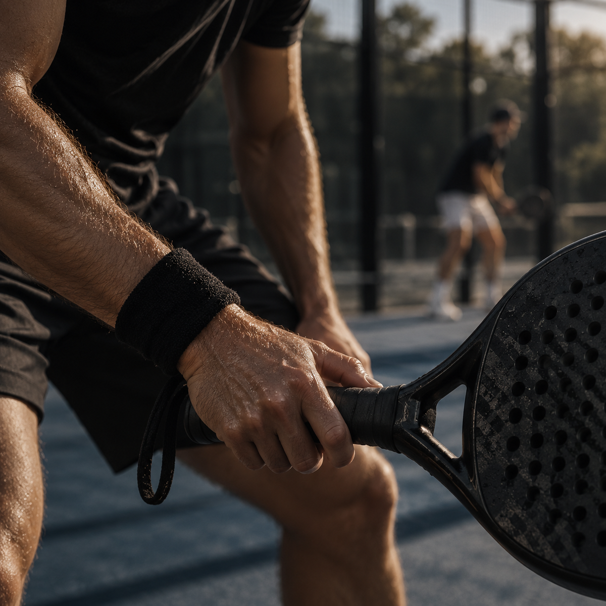 Close-up of a hand on a padel racket grip on court