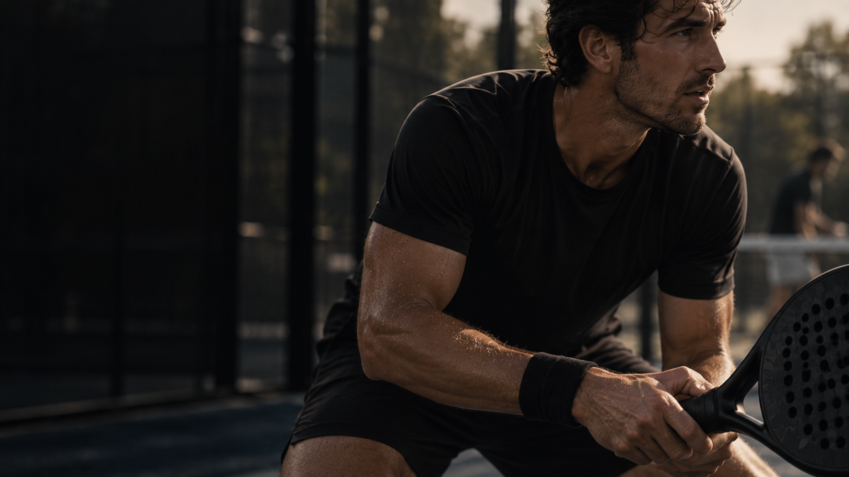 Padel player in a ready stance, gripping his racket with sweaty hands