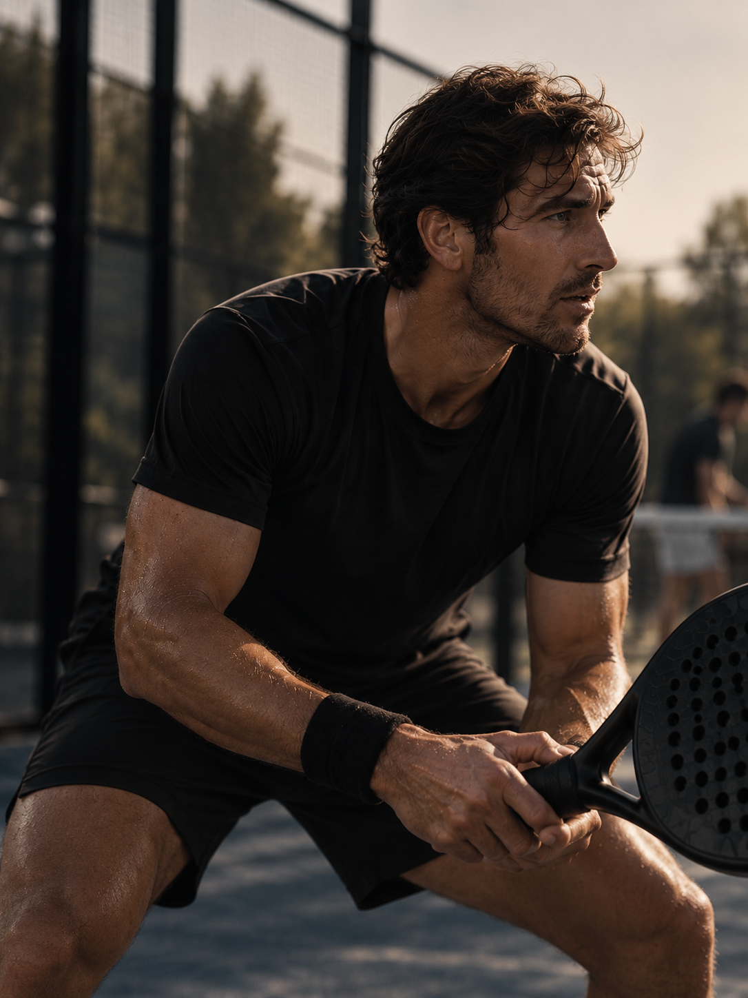 Padel player ready to return, both hands on his racket grip